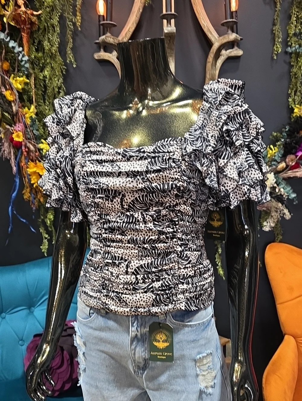 Zara Black & White Tiger Pattern Ruffled Sleeve Smocked Top